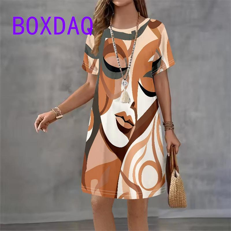 Retro Portrait Art Facial Pattern Women Dress Short Sleeve O-Neck Loose Casual A-Line Dress Summer New Street Ladies Sundress