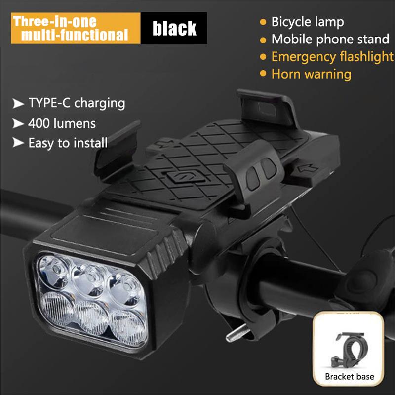 3-in-1 Bicycle Front Light with Horn & Phone Holder 6 LED Bike Light 2400mAh Bike Headlight Flashlight for Night Safety Riding