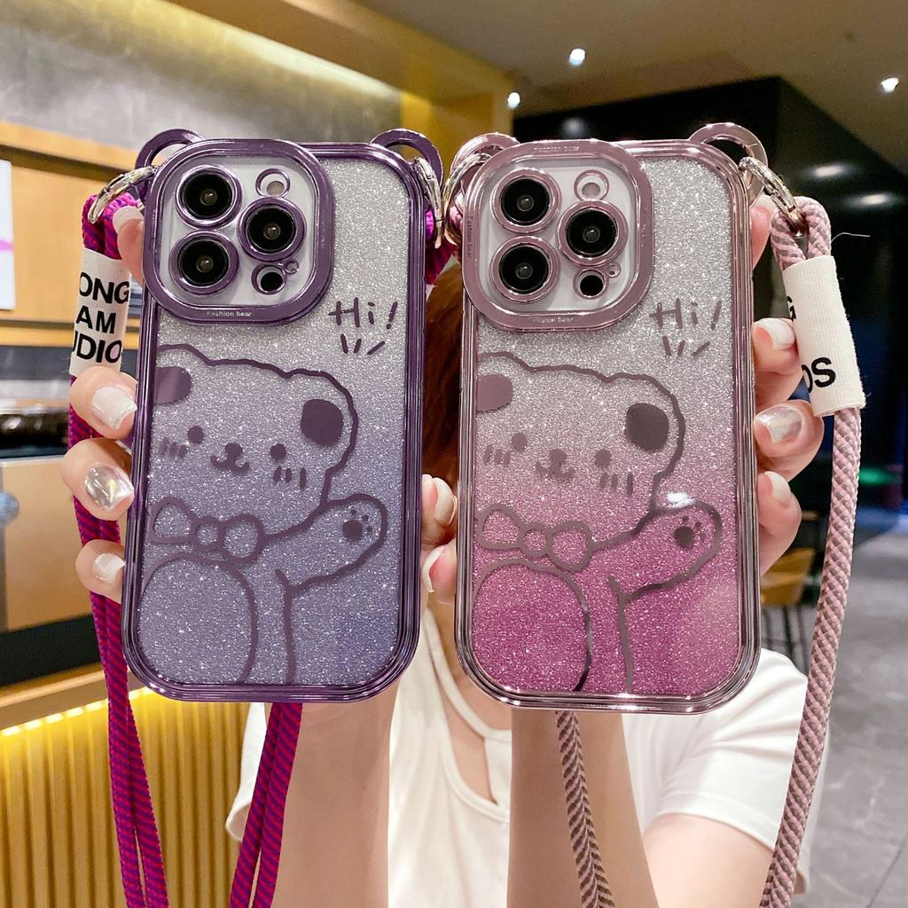 Crossbody Compatible iPhone 14 Case Apple 15 Cute Bear Electroplated Glitter 16 Full Coverage 13 Lanyard Phone Case