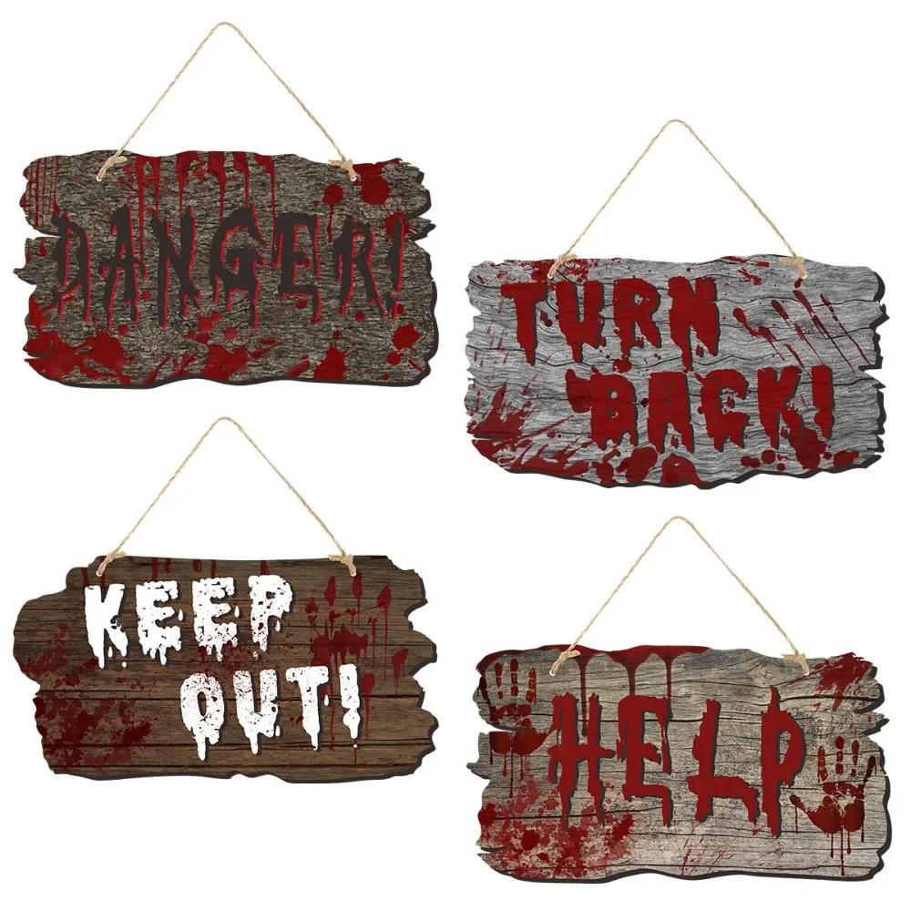 2024 New Halloween Imitation Wooden Doorplate Haunted House Terrifying Atmosphere Decoration with Blood Fingerprints