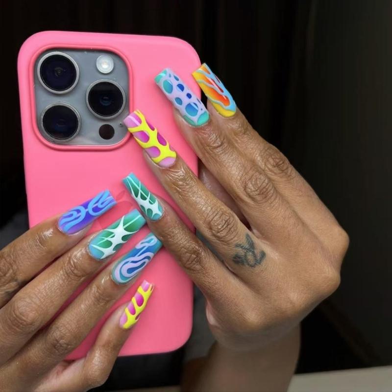 Square Press On Nail French Tips Fake Nail Full Cover False Nail with Design Artificial Acrylic Nail Stick On Nail