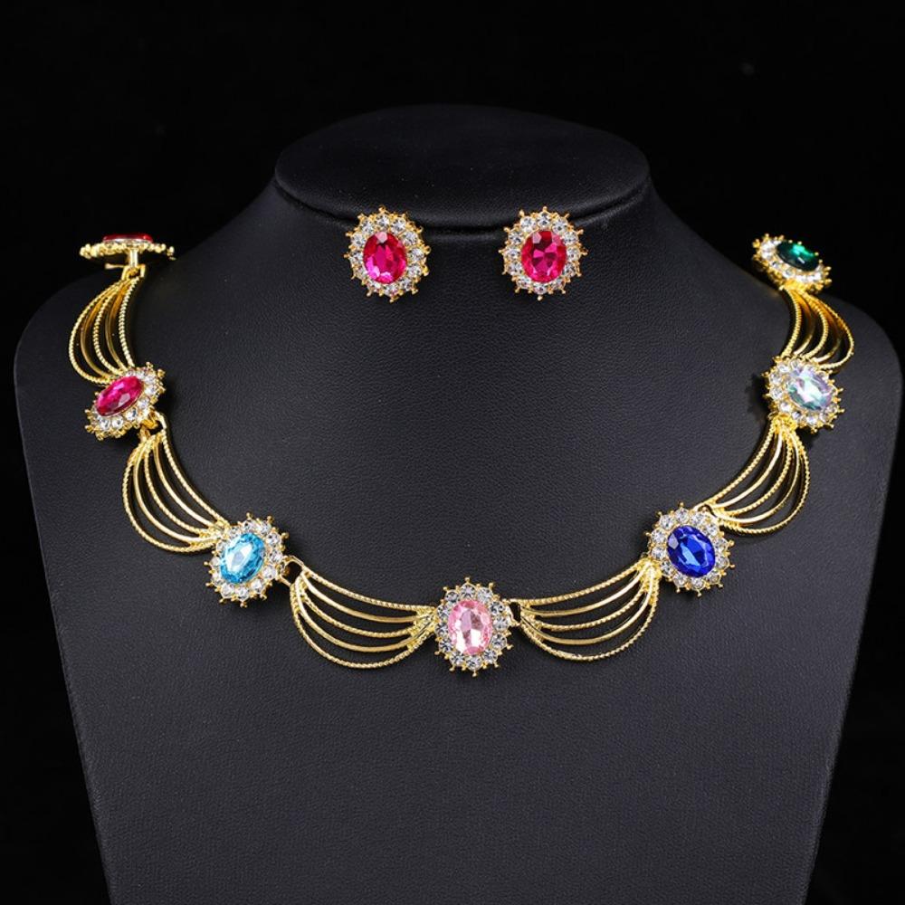 Gold-Tone Gemstone Necklace Set Geometric Statement Jewelry Set Earring Matching Set  Women