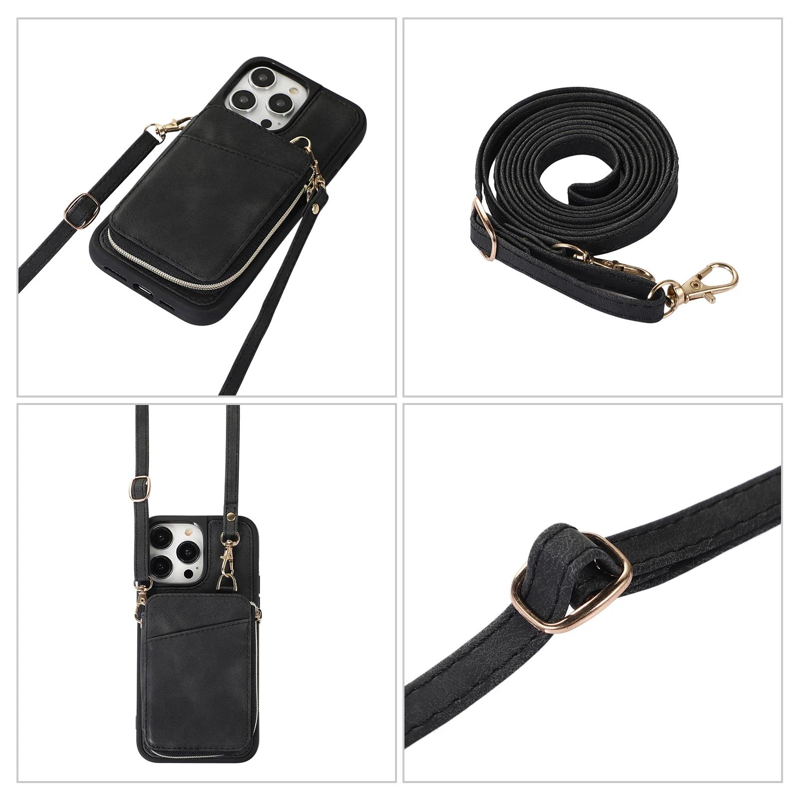 

Crossbody Zipper Leather Phone Case for Samsung Galaxy S23 Ultra S22 Plus S21 FE S20 Wallet Pocket with Card Holder Wrist Strap S20Ultra чёрный