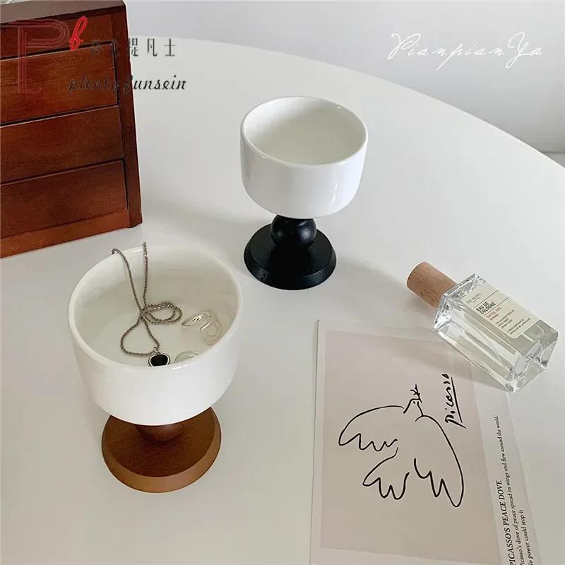 Ins French Retro Solid Wood Splicing Ceramic Goblet Coffee Cup Tray Tableware Home Decoration Photo Props