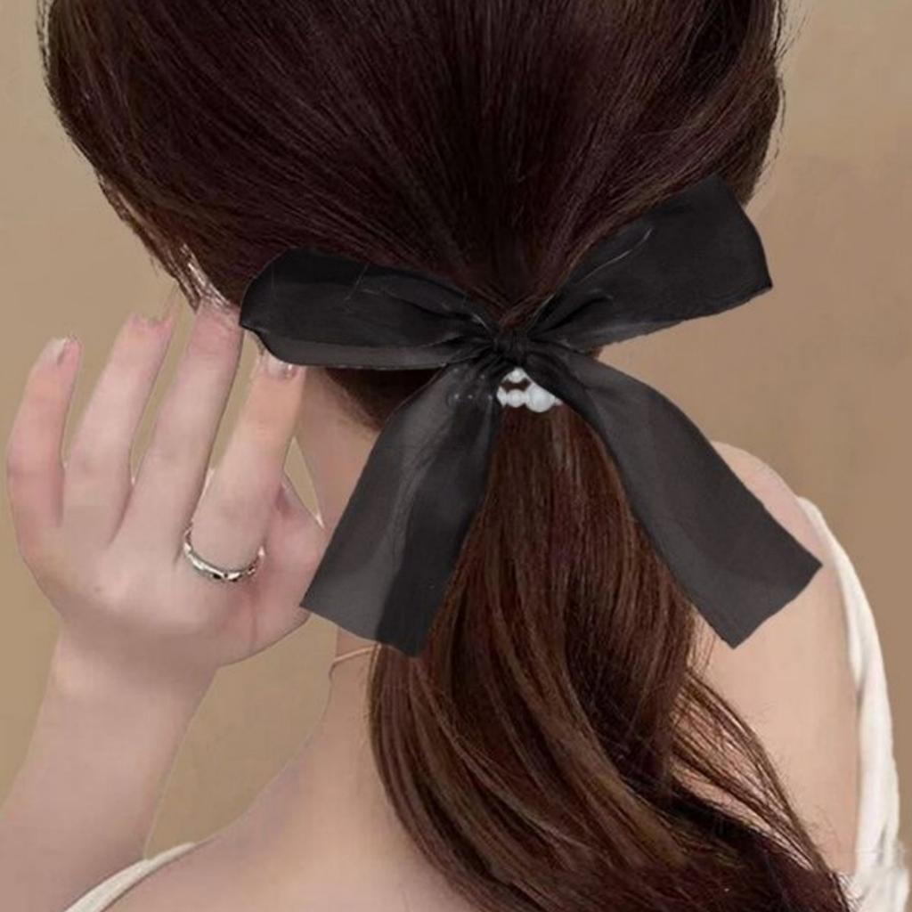 2PCS Super Fairy, Bow, Ribbon, Headband, Fashion, Pearl, Ponytail, Hair Rope, High Elasticity, Durable, Marble Head, Temperament