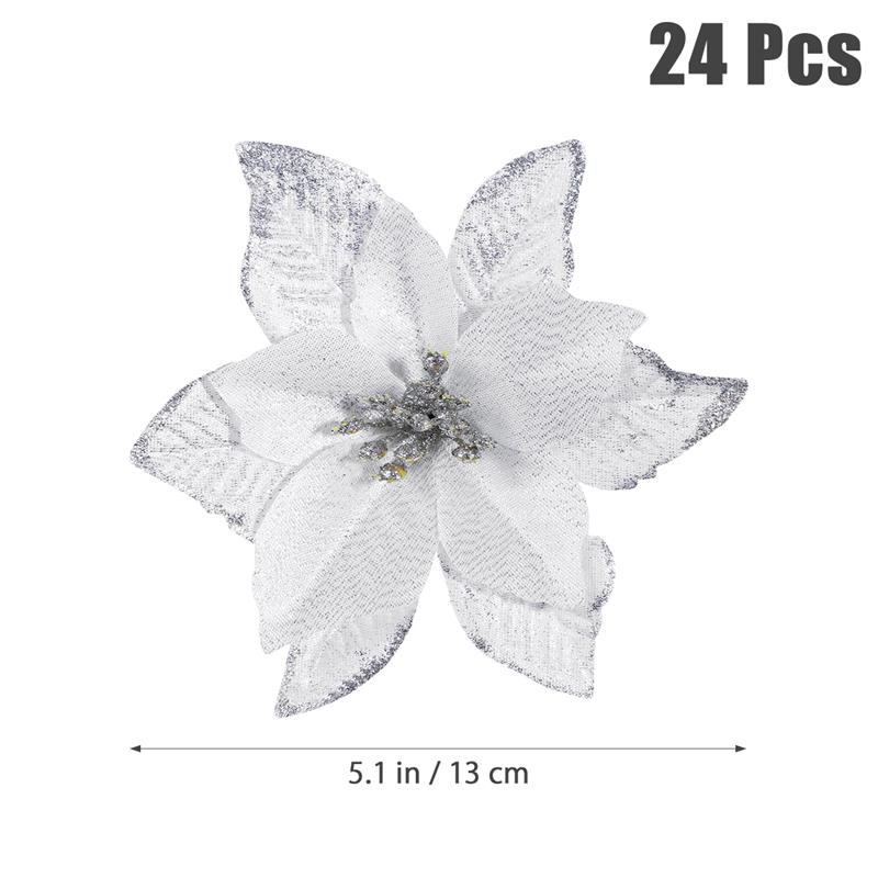 Christmas Flowers Poinsettia Artificial Tree Decorations Flower Glitter Fake Silver Decorative White Wedding Ornaments Gliter