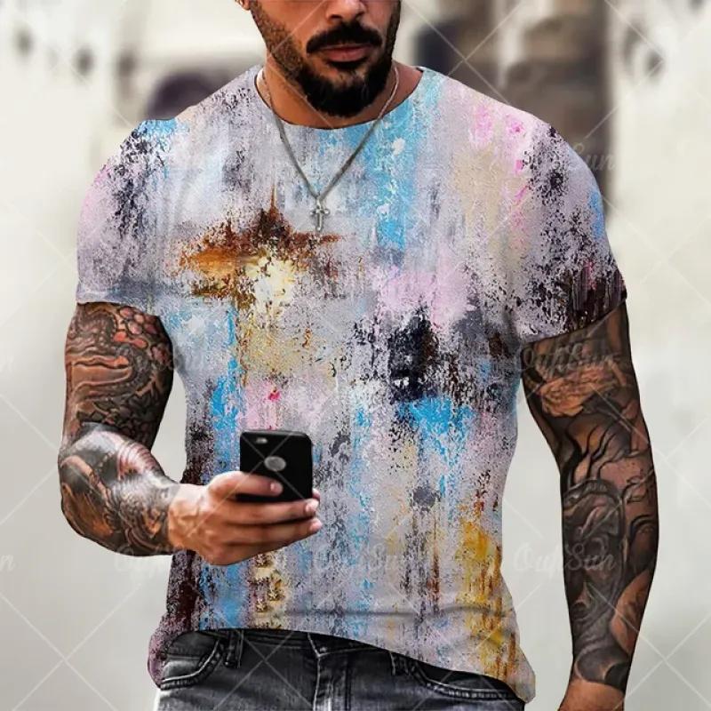 Vintage Men's T-shirt Personality Colorful Striped Print Fashion O Collar Short Sleeve T-shirt Breathable Street Wear T-shirt