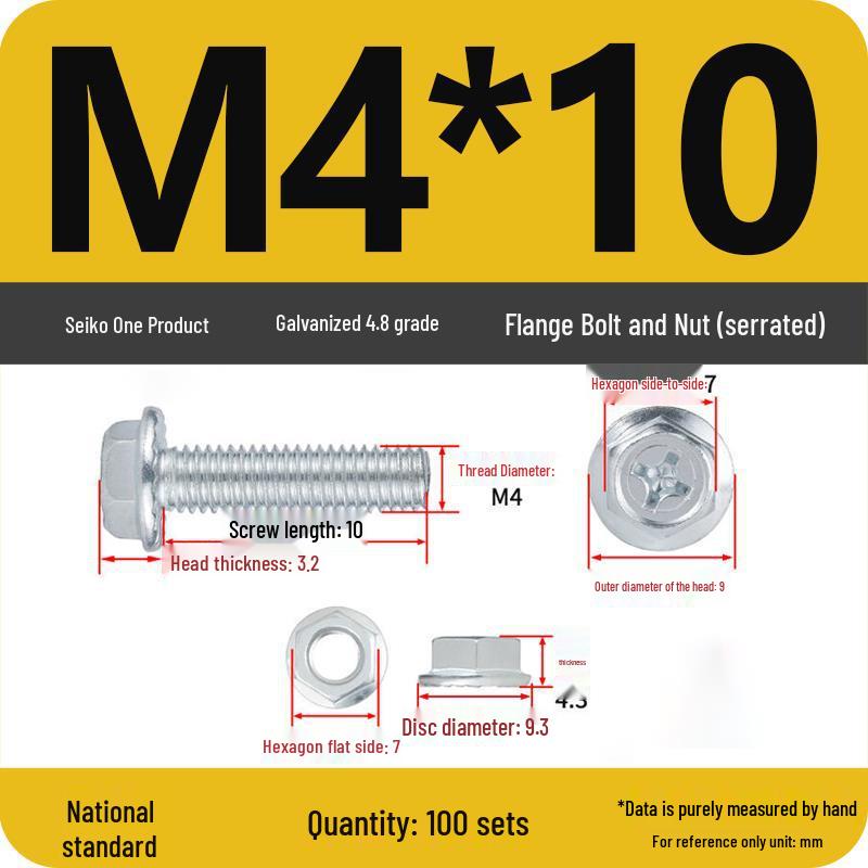 4.8 Grade Galvanized Hex Bolt Set with Anti-slip Washer & Nut, Cross Flange Head, M4/M5/M6/M8mm