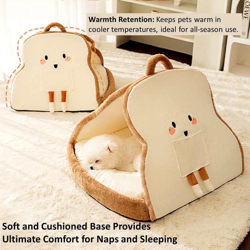 Portable Pet Cave for Puppy Kitten Cute Toast Design for Small Pets Cosy Cuddler (L: up to 11lbs)