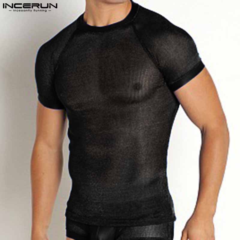 Cheap INCERUN Summer Men See Through Fishnet Short Sleeve Tops | Joom