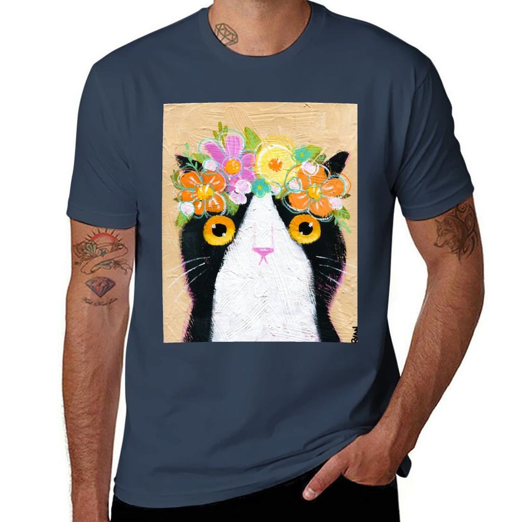 Kittys Flower Crown TShirt Aesthetic Clothes Customs for a Boy Black Tshirts for Men
