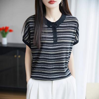 Summer New V-neck Knitted Sweater, Short-sleeved T-shirt, Women's Contrasting Color Striped Base Shirt