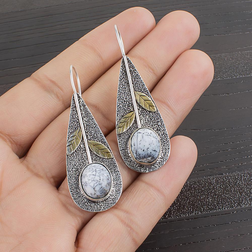 

Серьги с дендритовым опалом, Ювелирные изделия из драгоценных камней из стерлингового серебра 925 пробы, Серьги ручной работы, На День благодарения 2.00 Inches белый