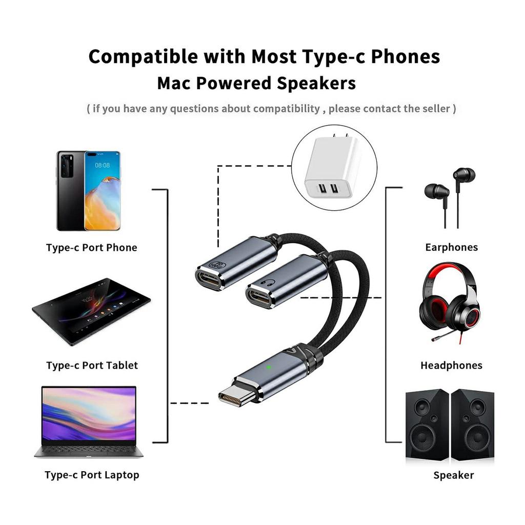 UC-030-TC001 USB-C Male to Dual Female Audio DAC AUX/100W PD Power Cable for Laptop/Tablet/Phone