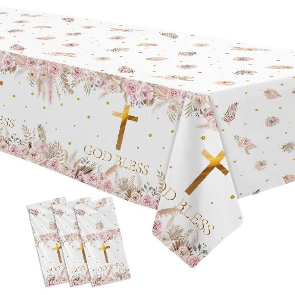 Boho God Bless Baptism Decorations Tablecloth, 3pcs Disposable Pampas Grass First Communion Decorations Party Supplies Tablecover, 86in x 55in
