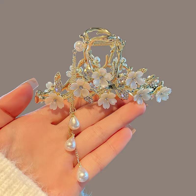 1Pc Super Fairy Pearl Fringed Rhinestone Flower Grab Clip Temperament Hairpin Female Head Coil Hair Catch Large Shark Clip Hairpin