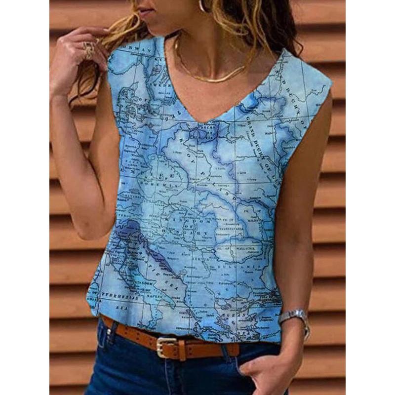 Women Summer Map Printed V Neck Sleeveve Casual T-shirt Top