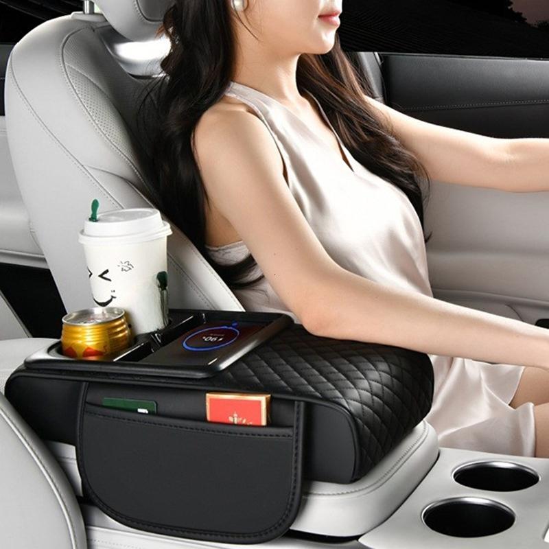 Multifunctional Car Armrest Box with Wireless Charging, Thicken Height Pad Arm Rest Cushion Storage Box Phone Cup Tissue Holder