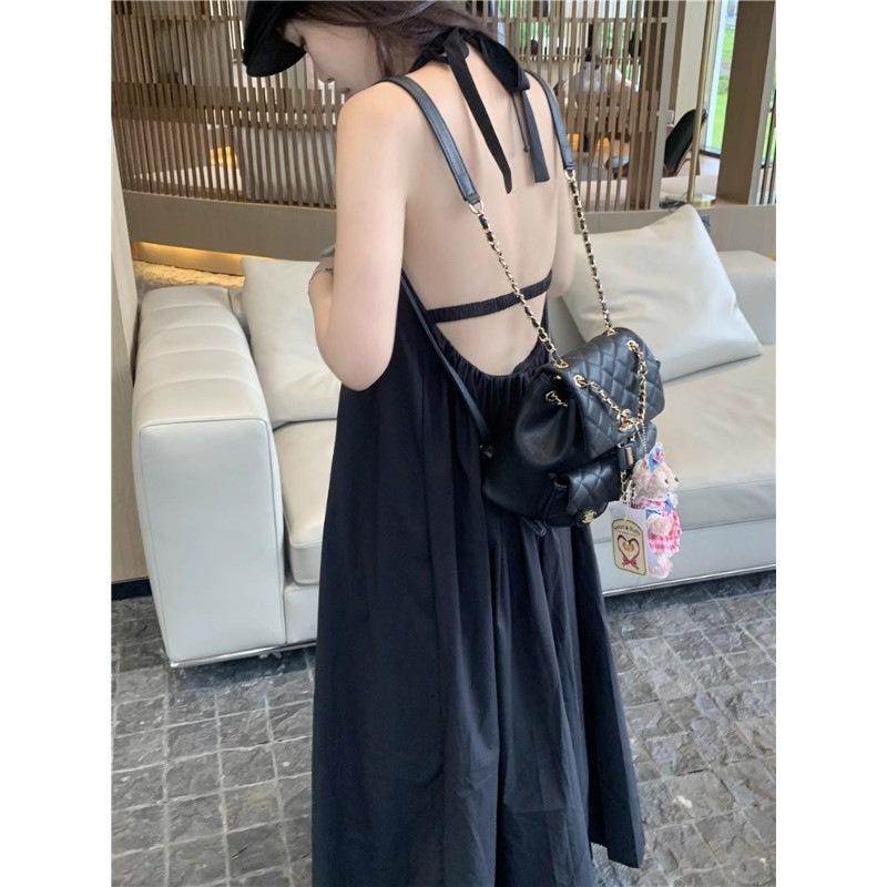 Seaside vacation style white suspender dress women's summer sexy backless loose and thin beach neck long skirt