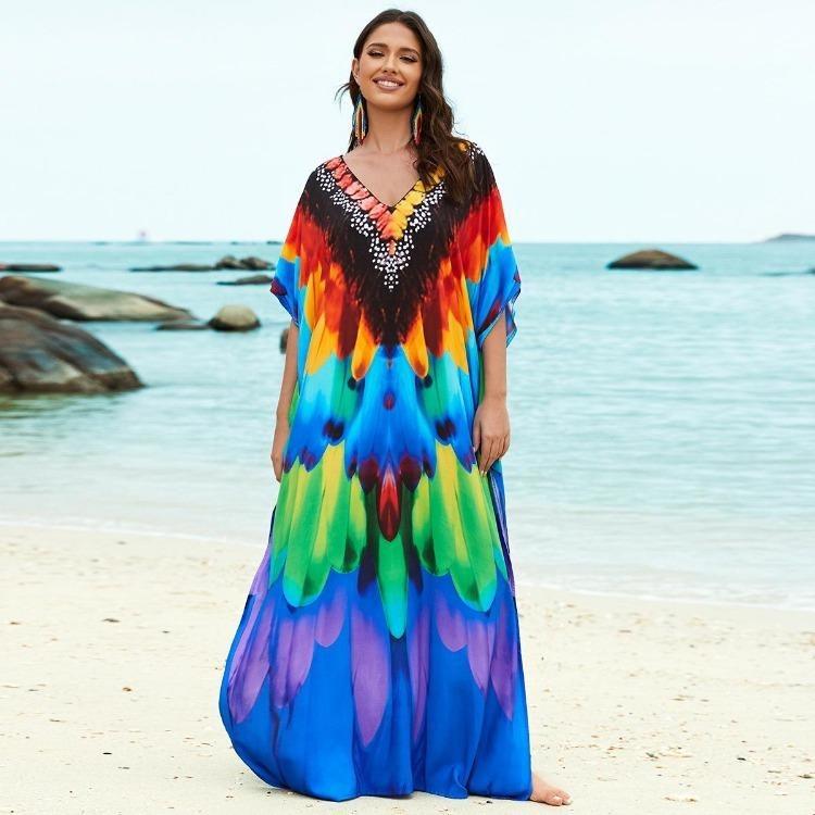 Colorful Printed Boho Beach Kaftan Dress Women Plus Size Maxi Summer Cover Up Rayon Bathing Suit