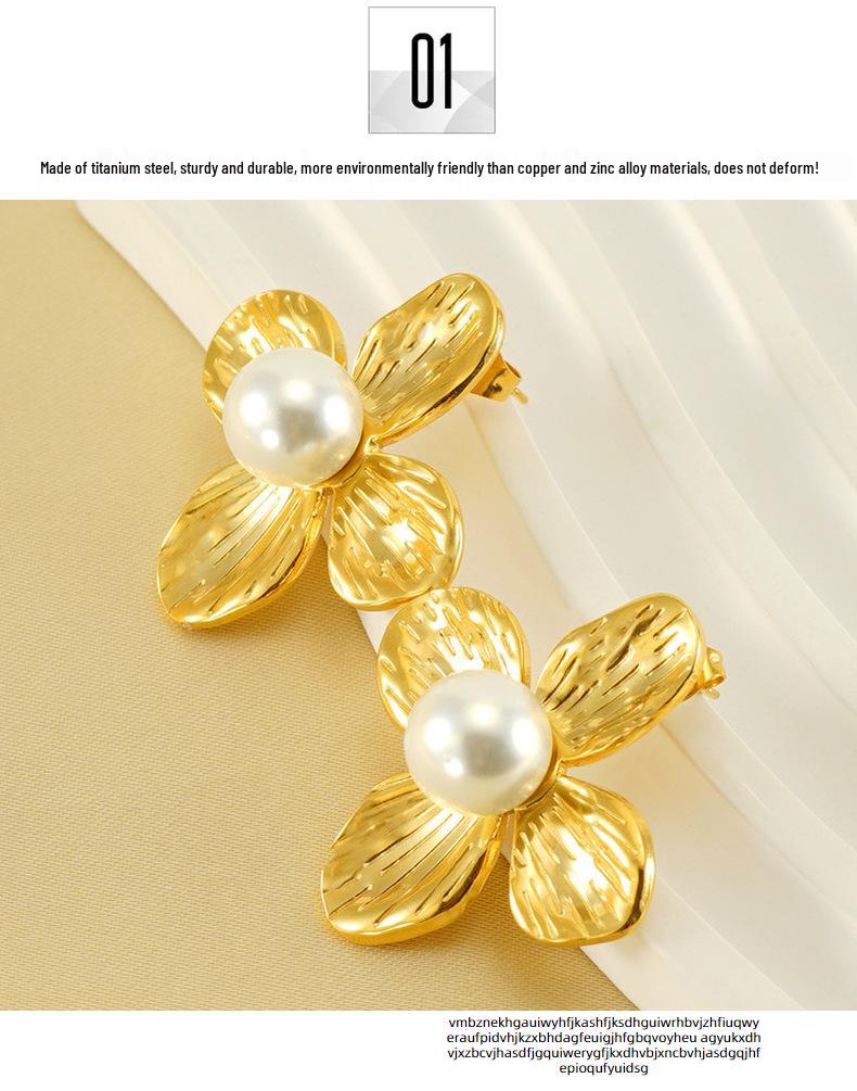 French Retro Pearl & Gold Petal Stainless Steel Earrings for Women - European & American Style