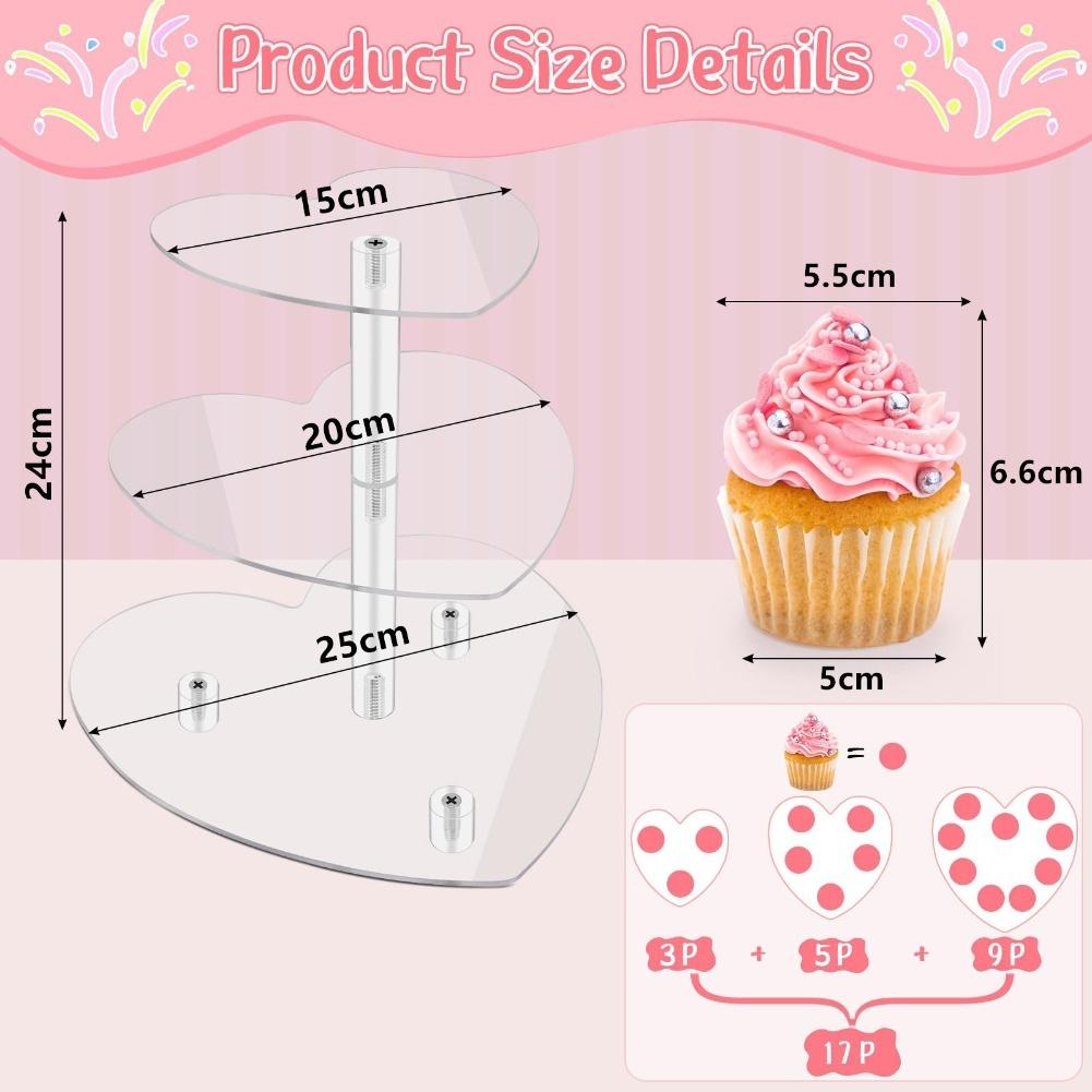 3 Tier Acrylic Cupcake Stand Heart-Shaped Dessert Display Stand Holder For Birthday Wedding Parties Decorative Supplies