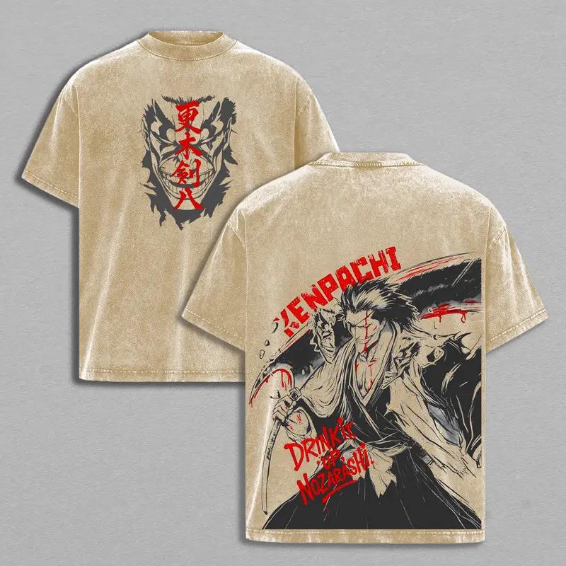 Зараки Кенпачи BLEACH Одежда Мужская Женская Манга Футболки Винтажная Стиранная Футболка Повседневная Свободная Хлопковая Футболка Харадзюку Мужская Футболка XXL коричневый