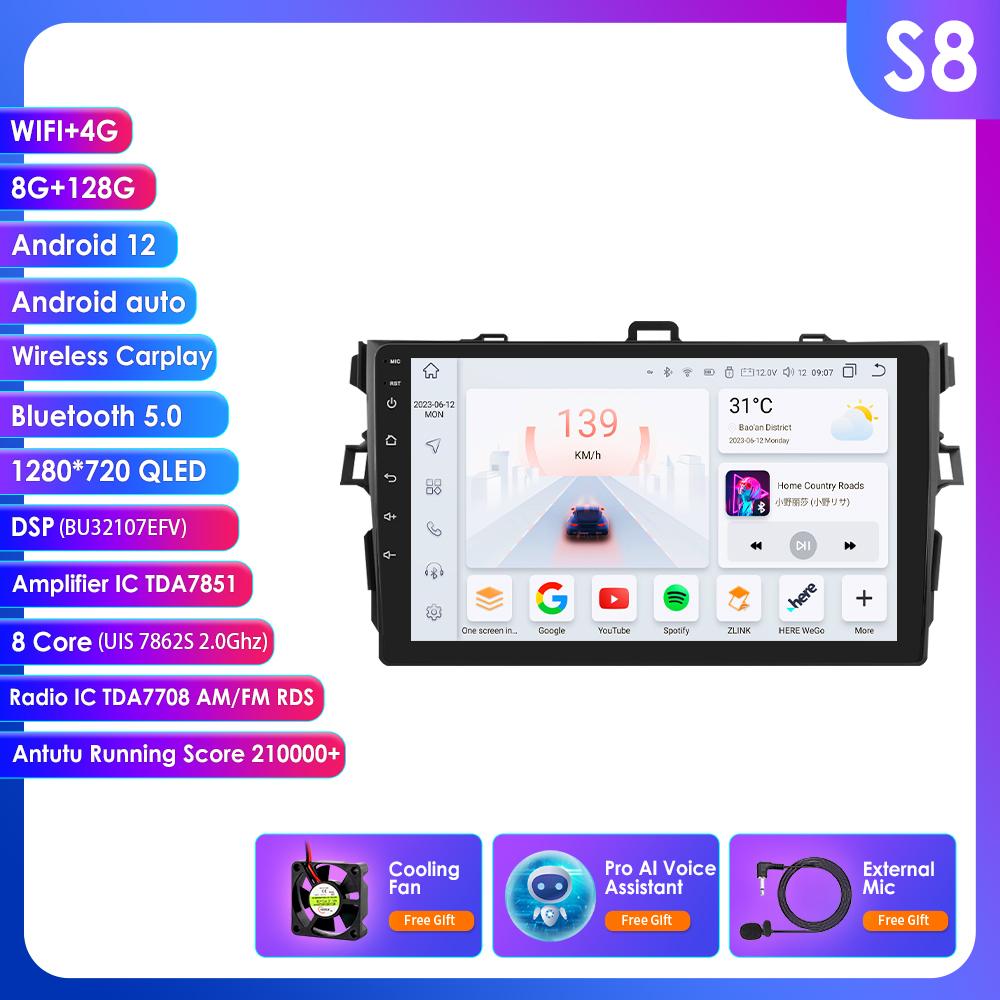 

Hizpo Автомагнитола 8G+128G Android Auto CarPlay для Toyota Corolla 2007-2011 Мультимедийный плеер GPS-навигация 2din Стерео 1280*720 Интеллектуальный экран S8 8Core 8G 128G AI