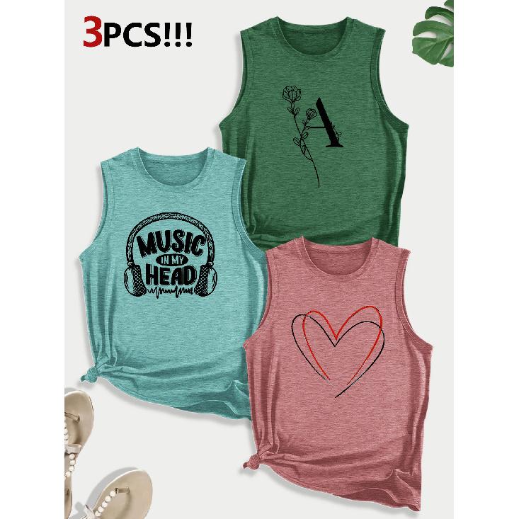 Music-themed Letter and Heart Combination Gift Print Pattern Round neck3Pack of Sleeveless Vests for Women In Spring, Summer, and Autumn