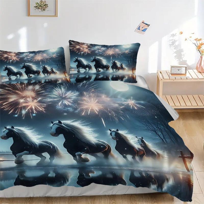 3pcs Anime Horse Fireworks Bedding Set - Includes One Quilt Cover and Two Pillowcases (No Core) - Home Decor Gift for Bedroom and Guest Room