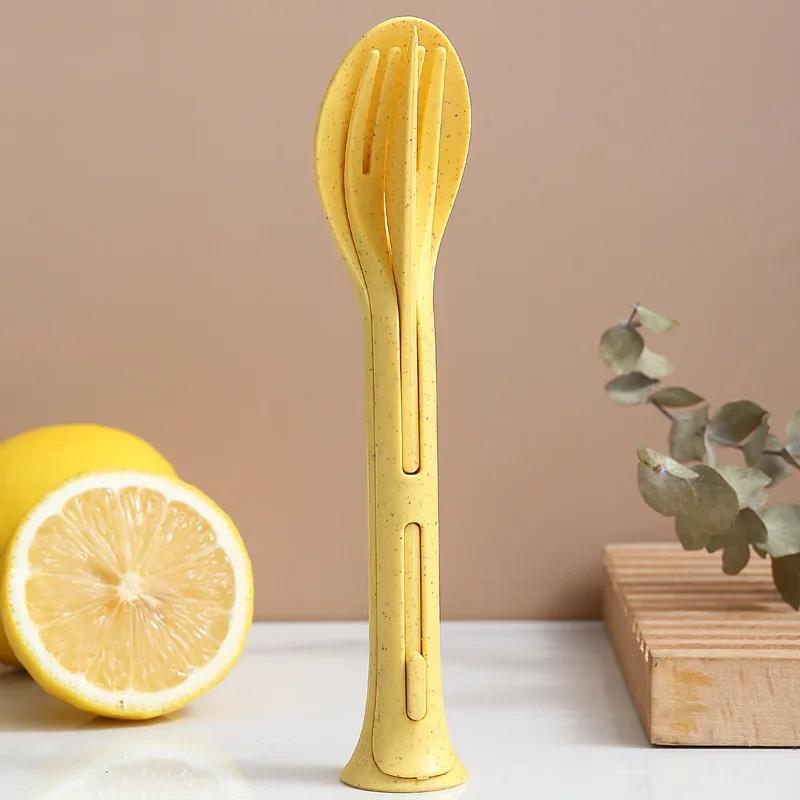3 In 1 Travel Cutlery Portable Cutlery Box Japan Style Wheat Straw Knives Fork Spoon Student Dinnerware Sets For Outdoor Camping