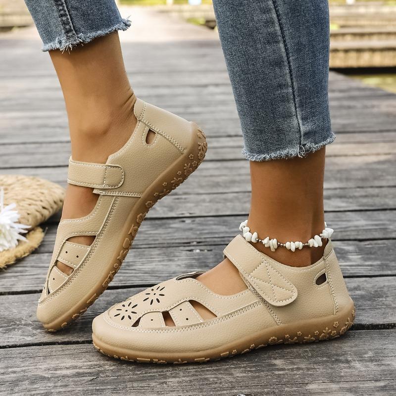 New Large-sized Hollowed-out Sandals for Women, Casual Flat, Button-toe, Wedge Heel Velcro Shoes