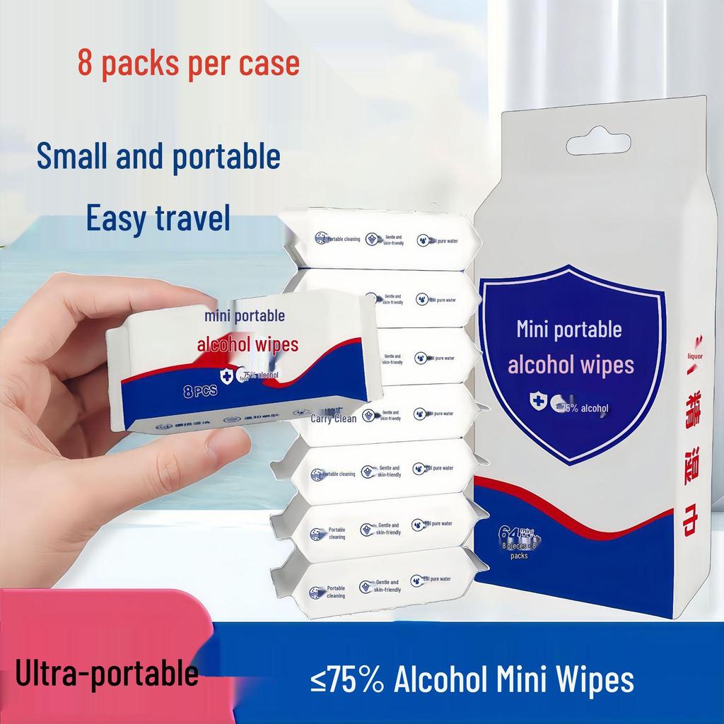 Pocket-Sized Travel Alcohol Wipes - 8 Portable Packs for Cleaning & Hygiene