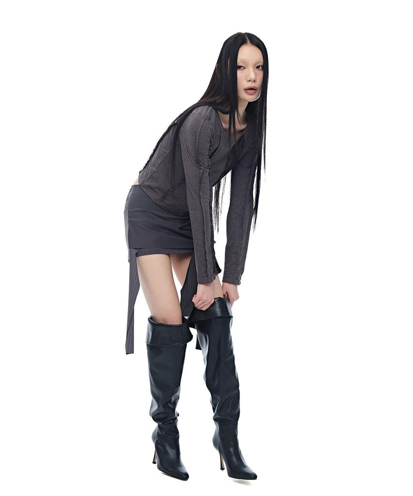 HALF DEVIL US Panel Cut Crop T-Shirt_Charcoal