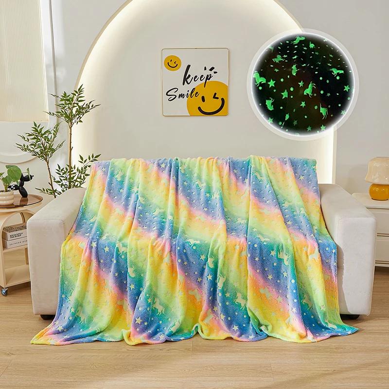 2025 new luminous rainbow unicorn pegasus star flannel blanket machine washable printing and dyeing blanket