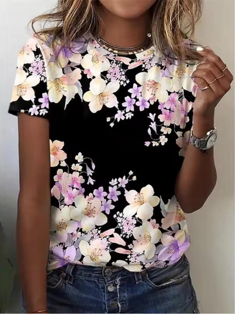 Fashion Women's Crew Neck T-Shirt 3D Flower Color Printing Short Sleeve