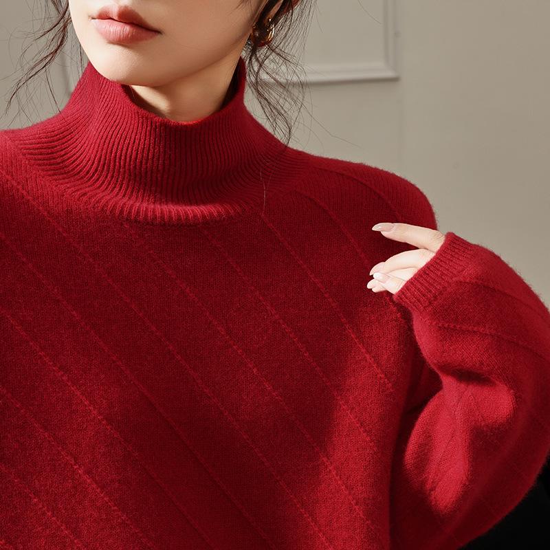 Women's High Neck Jacquard Wool Sweater - Thick, Loose Fit, Lazy Style