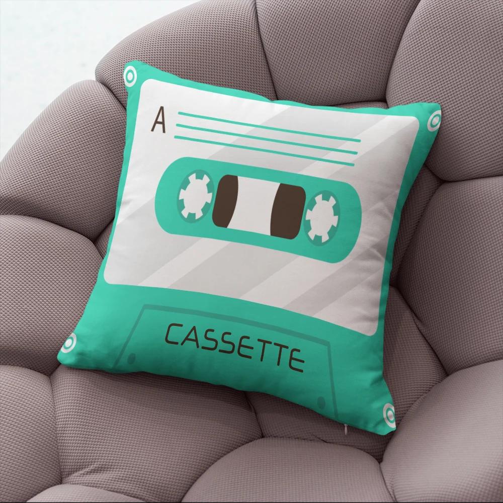 Fun Decorative Pillow Cover With Music Tape Print Cute Kawaii Camera Sofa Bedside Cushion Cover Short Plush Zipper Pillowcase