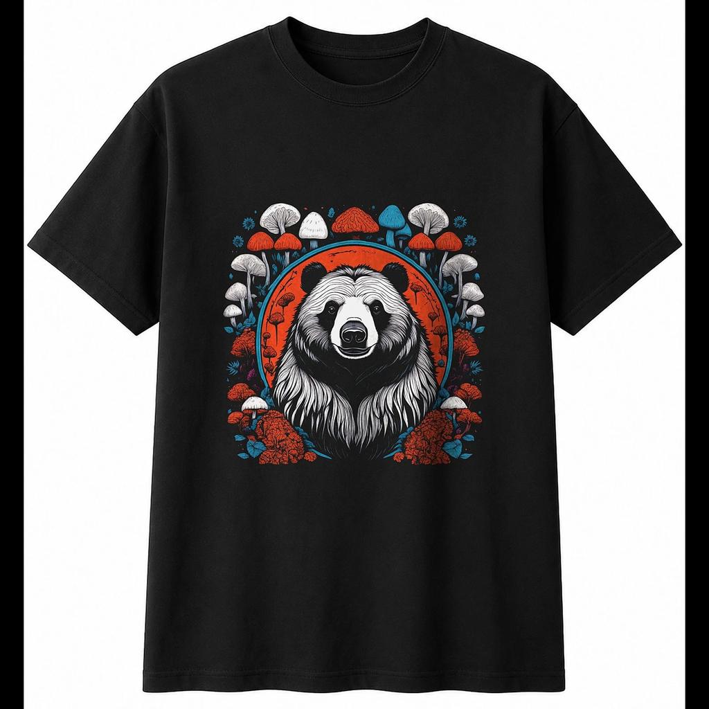 Tattoo Sloth Bear with Mushrooms Wildlife Mens T-Shirt Black 100% Cotton Printed