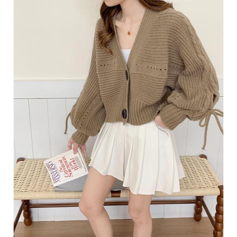 Autumn and winter new casual loose V-neck knitted cardigan sweater women's long-sleeved bow tether short top