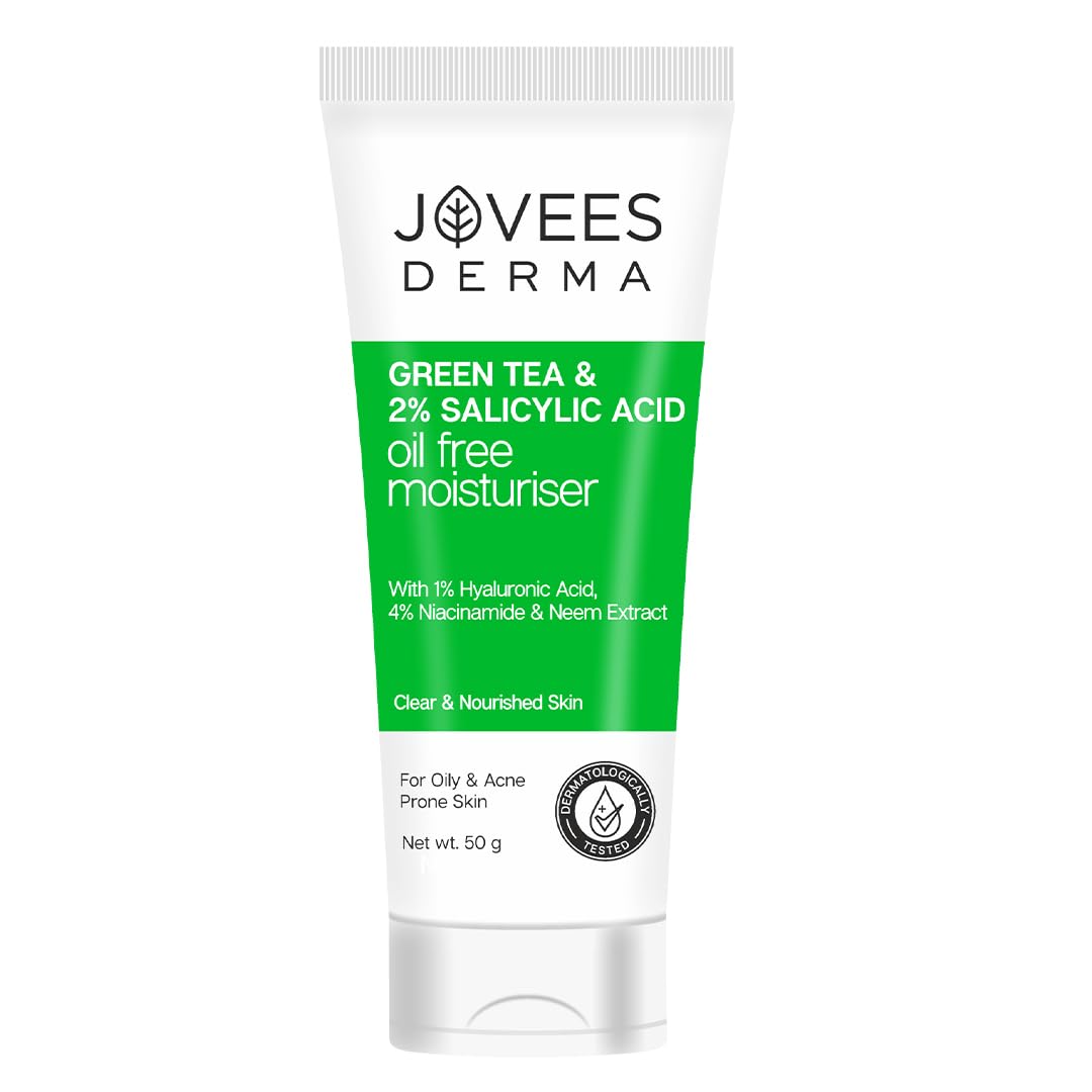 

Jovees Green Tea Light Moisturizer For Oily Acne Prone Skin | Hydrating Non Sticky Cream With Niacinamide & Hyaluronic Acid 50g Pack