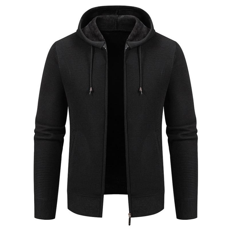 Men S Solid Color Hooded Fleece Knit Cardigan Autumn Winter Casual Coat
