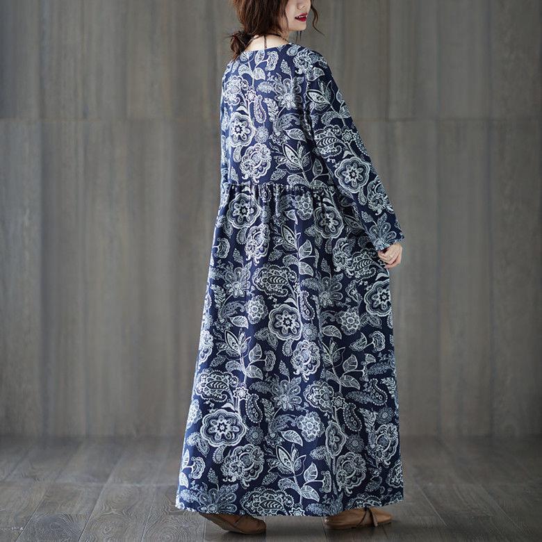 Frühlings- und Herbst Damen Retro Ethno-Stil Locker Übergröße Großes Schwingkleid