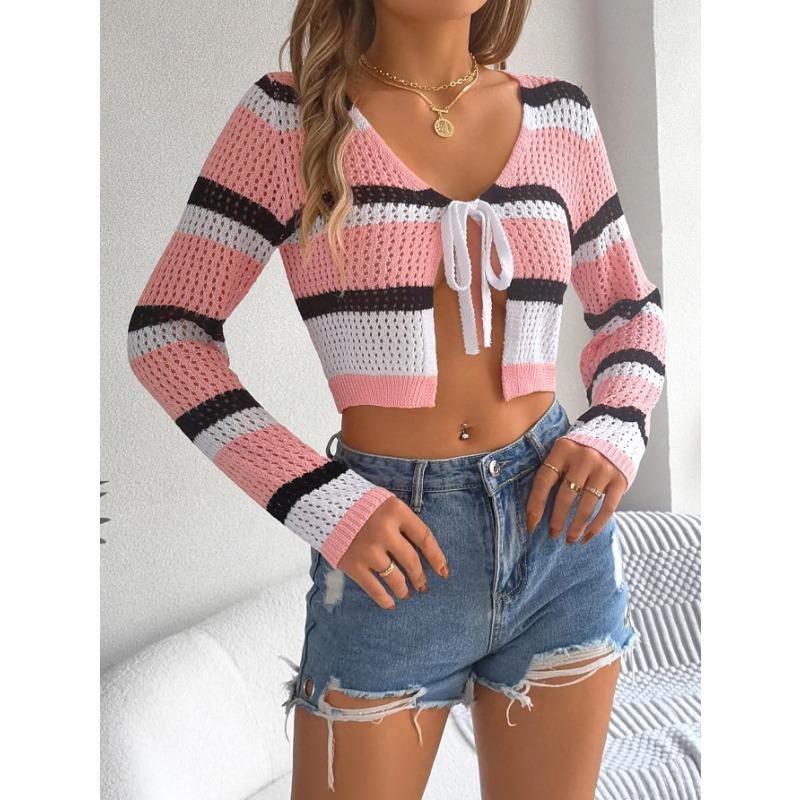 

VEZFAA Женская мода повседневная летняя весна полосатый принт длинный рукав V-образный вырез блузки и рубашки M розовый