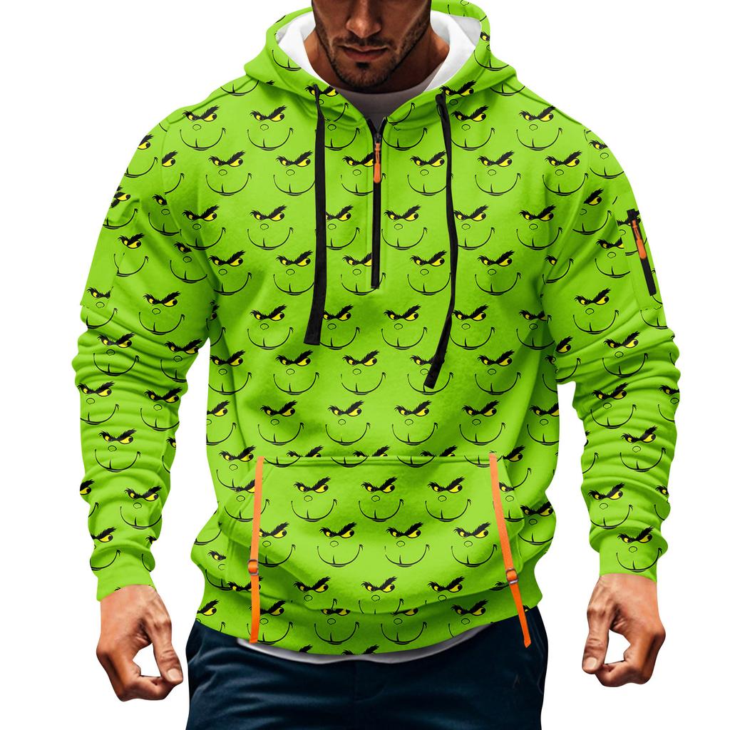 Men's Christmas Print Hooded Half-Zip Casual Sports Sweatshirt