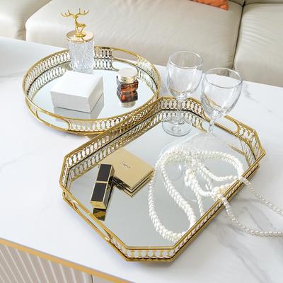 Light Luxury Glass Mirror Tray Metal Storage Living Room Coffee Table Water Cup Tea Tray Model Room Decoration Fruit Plate