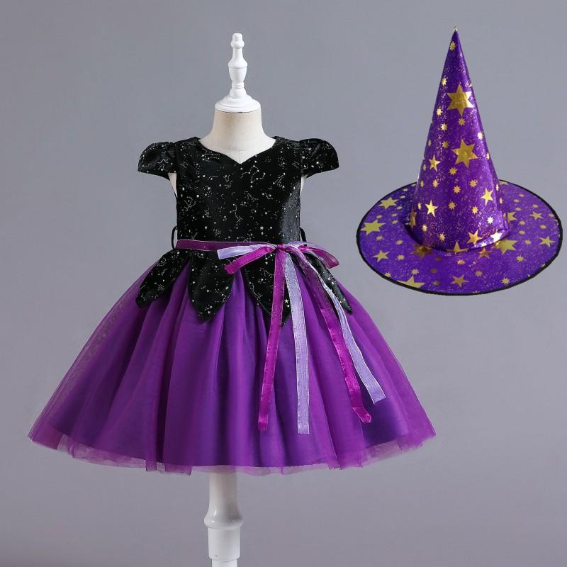 Halloween Costume Girls Witch Cosplay Dress Princess Gown With Hat Toddler Kids Party Outfit