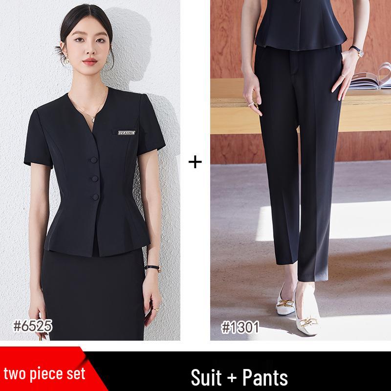 Women's Dark Blue Short-Sleeved Suit Set - Summer Professional Attire for Hotel and Jewelry Store Front Desk.