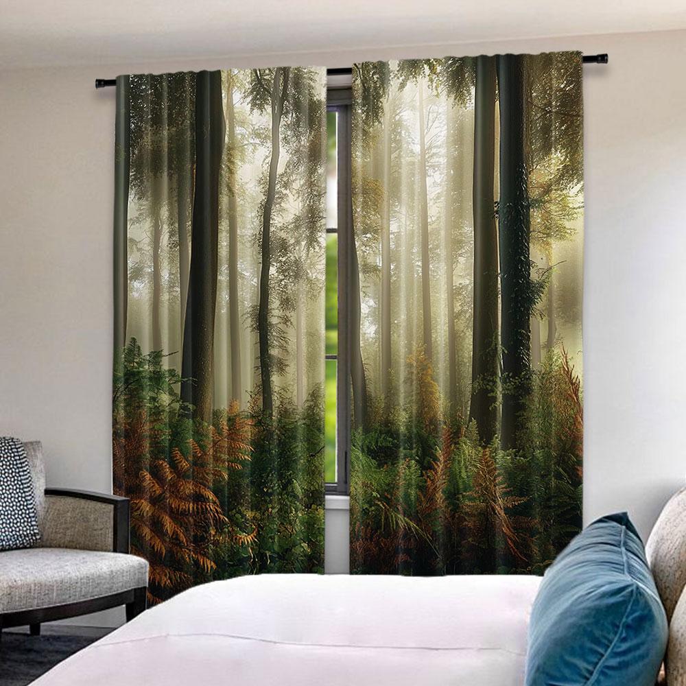 2Pcs Forest Curtain Mystic Dark Fog Atmosphere Deep In The Forest Woodland Nobody Silence For Living Room Bedroom Dining Room