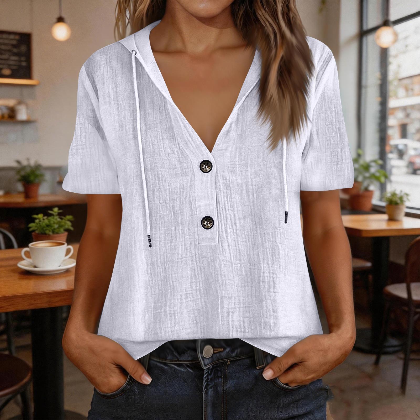 

Women Casual Cotton Hooded Pullover Shirt Short Sleeve Drawstring V Neck Button Front Lightweight Blouse M білий